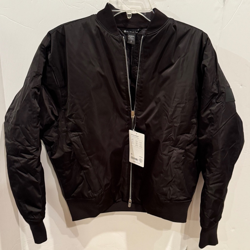 ATHLETA Sateen Bomber Black Zip Jacket Size SMALL S Short Casual Coat NEW